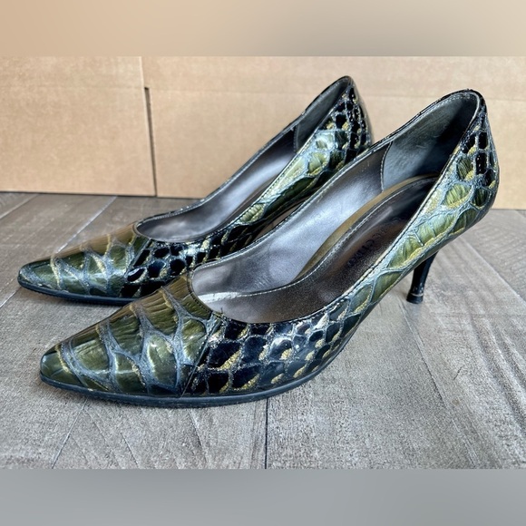 BECCACCINO Green black Croco Metallic SIZE 6 Heels Pumps Shoes Pointed Italy. - Picture 1 of 5